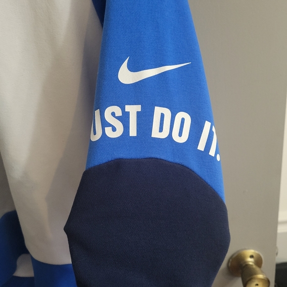 Nike Dri Fit 1/4 Zip Pullover Sweatshirt Colorblock White Blue Size Medium Logo - Picture 5 of 6